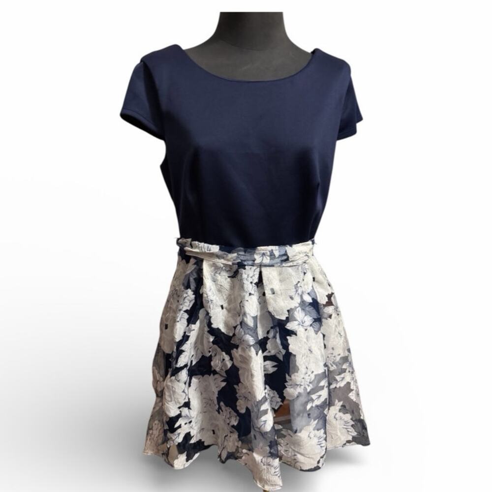B Darlin Women's Cocktail Dress Juniors 15/16 Blue White Floral Lined Skirt